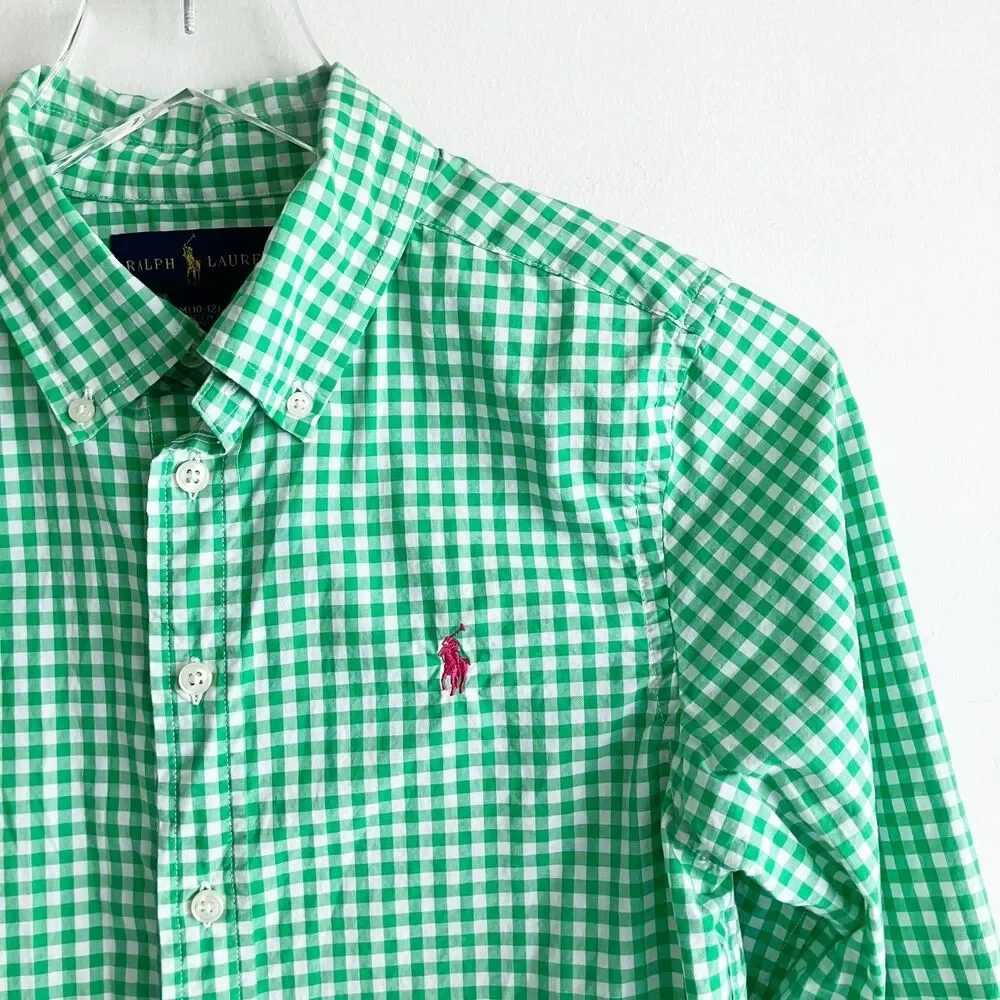 Ralph Lauren Gingham Shirt Boys Size 10-12 Green Button Down Long Sleeve Spring